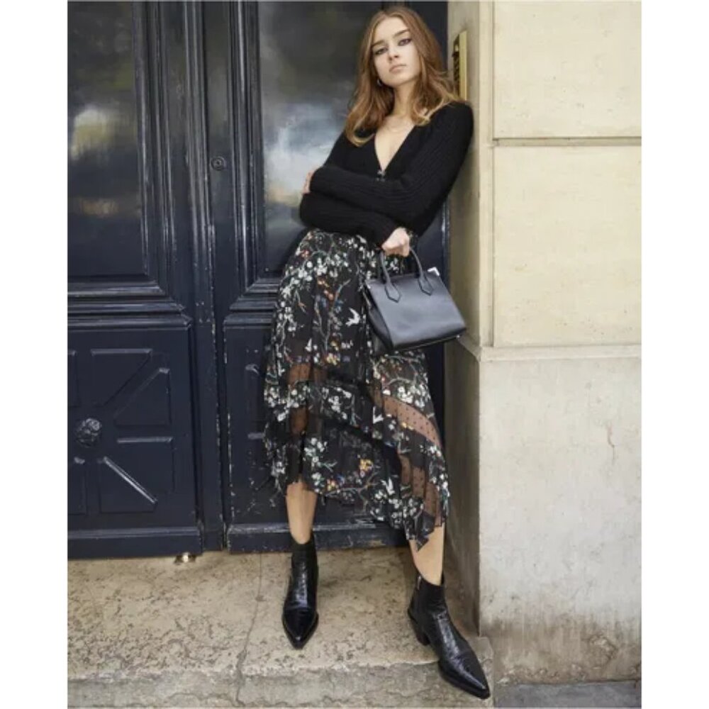 Black Bird Printed Mesh-Detail Midi Skirt